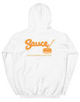 White Sauce Warehouse unisex Hoodie V2. The back of this hoodie features the Sauce Warehouse logo and URL. Shop CBD concentrates, clothing, and dabbing accessories at Sauce Warehouse