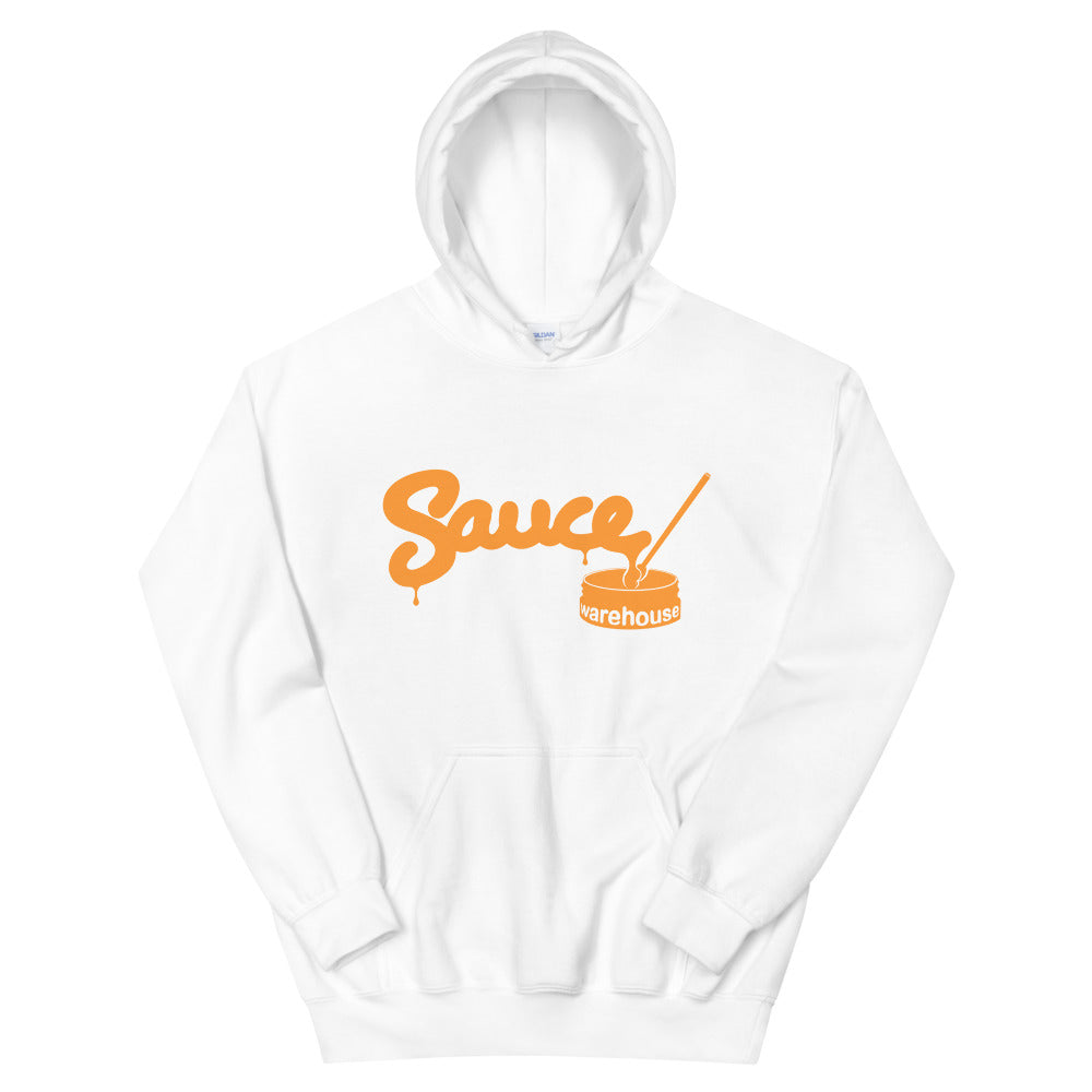 White Sauce Warehouse unisex hoodie.  The front of this hoodie features a center pocket and the Sauce Warehouse logo. Shop CBD Concentrates, clothing, and dabbing accessories at Sauce Warehouse.