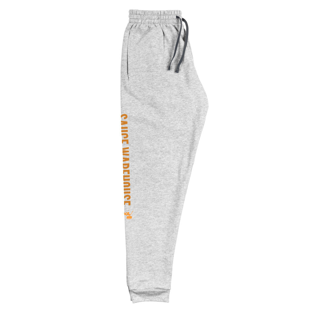 Athletic Heather Sauce Warehouse x Jerzeez joggers. The outside of each leg features a Sauce Warehouse logo with &quot;Sauce Warehouse&quot; printed along the outside of the leg. Shop CBD concentrates, clothing, and dabbing accessories at Sauce Warehouse