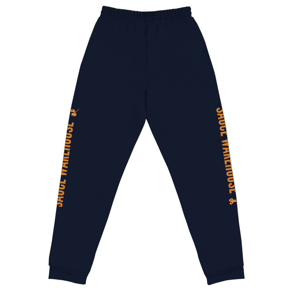Navy Blue Sauce Warehouse x Jerzeez joggers. The outside of each leg features a Sauce Warehouse logo with "Sauce Warehouse" printed along the outside of the leg. Shop CBD concentrates, clothing, and dabbing accessories at Sauce Warehouse