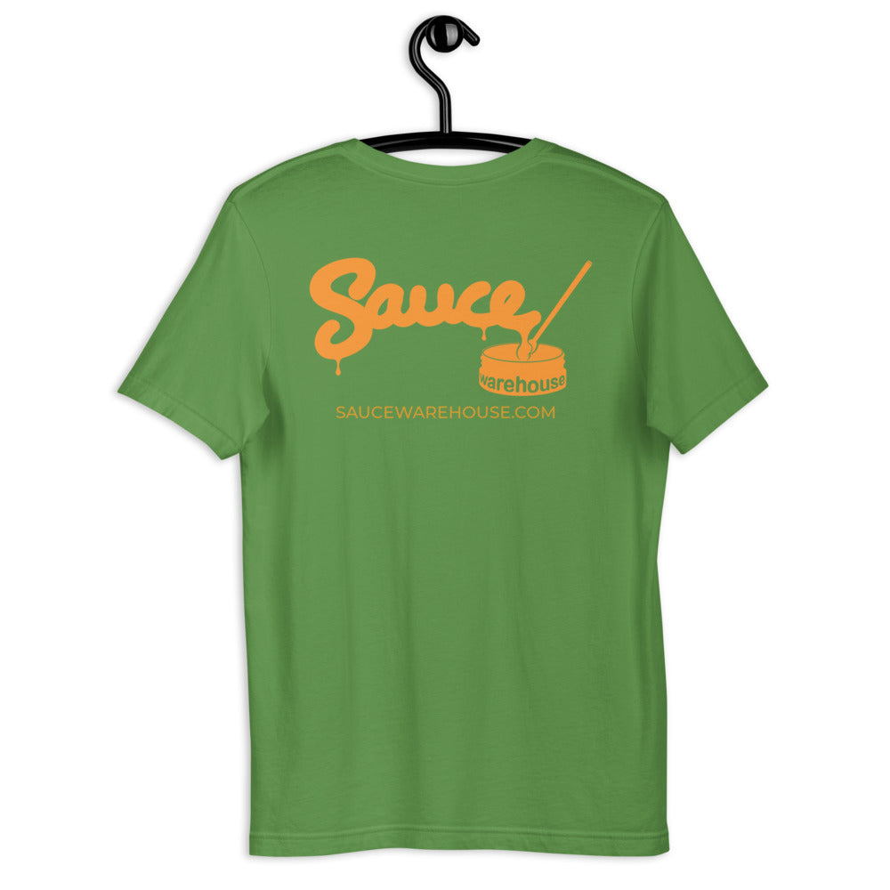 Leaf Sauce Warehouse V2 T-Shirt. The back of this shirt features the Sauce Warehouse logo and URL. Shop CBD concentrates, clothing, and dabbing accessories at Sauce Warehouse.