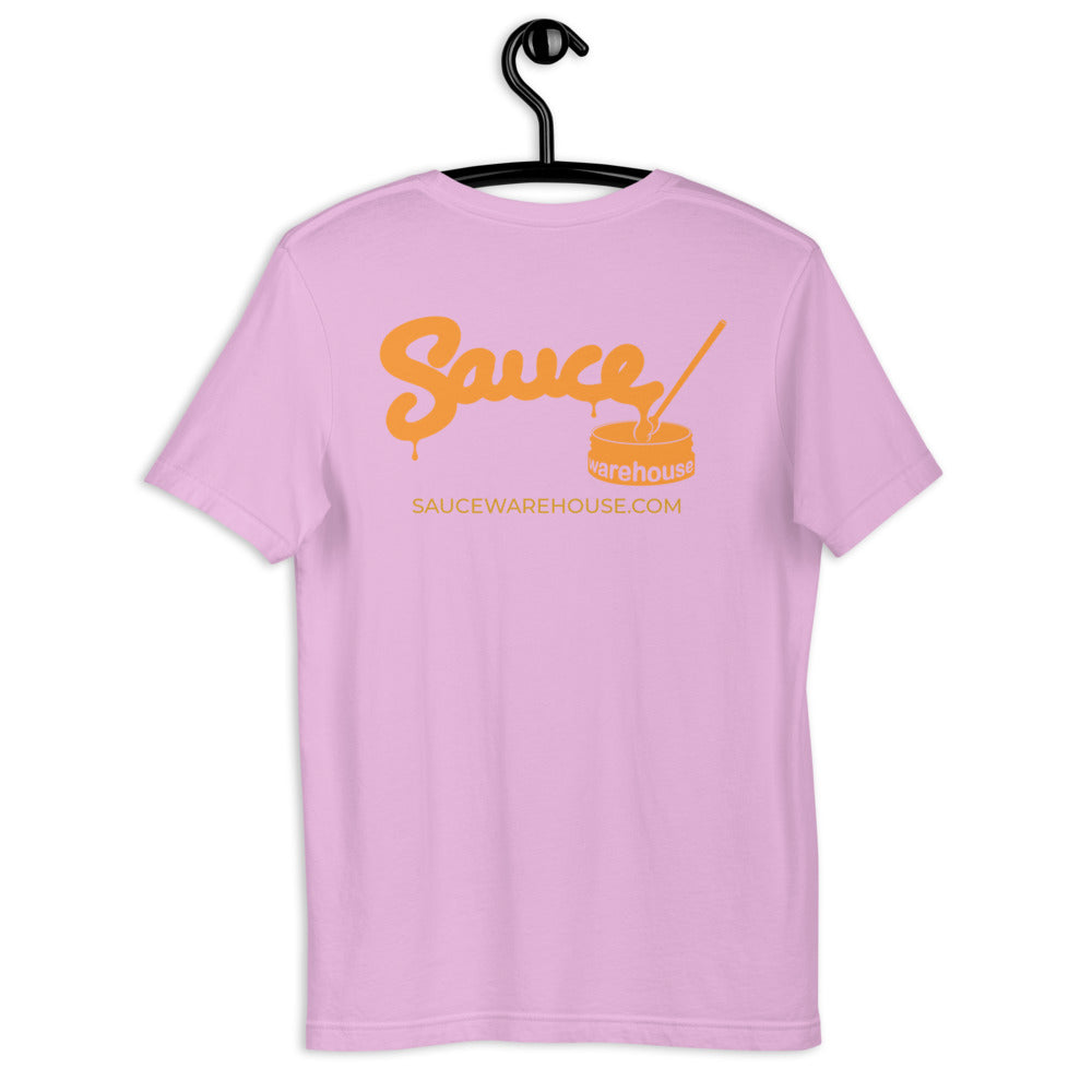 Lilac Sauce Warehouse V2 T-Shirt. The back of this shirt features the Sauce Warehouse logo and URL. Shop CBD concentrates, clothing, and dabbing accessories at Sauce Warehouse.