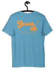 Ocean Blue Sauce Warehouse V2 T-Shirt. The back of this shirt features the Sauce Warehouse logo and URL. Shop CBD concentrates, clothing, and dabbing accessories at Sauce Warehouse.
