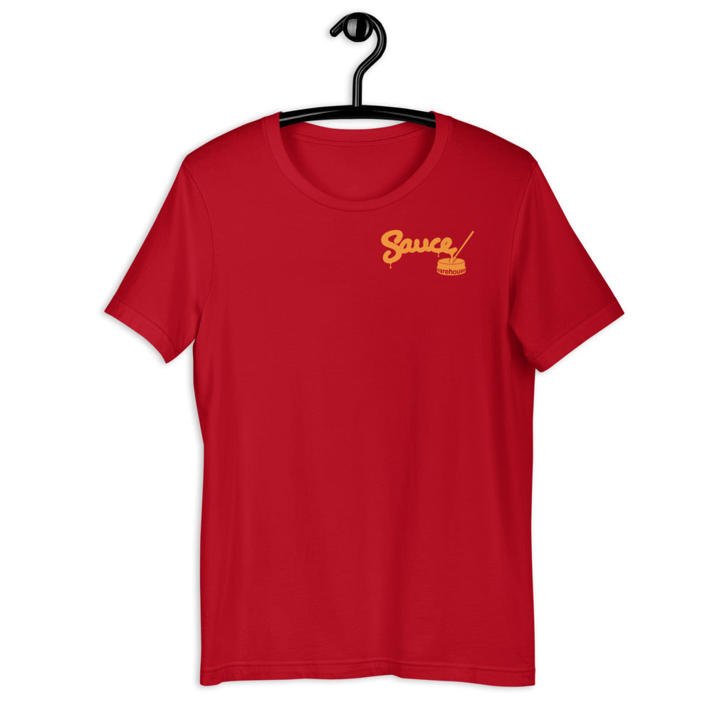 Red Sauce Warehouse V2 T-Shirt. Featuring a minimalist Sauce Warehouse logo on the left chest. Shop CBD concentrates, clothing, and dabbing accessories at Sauce Warehouse.