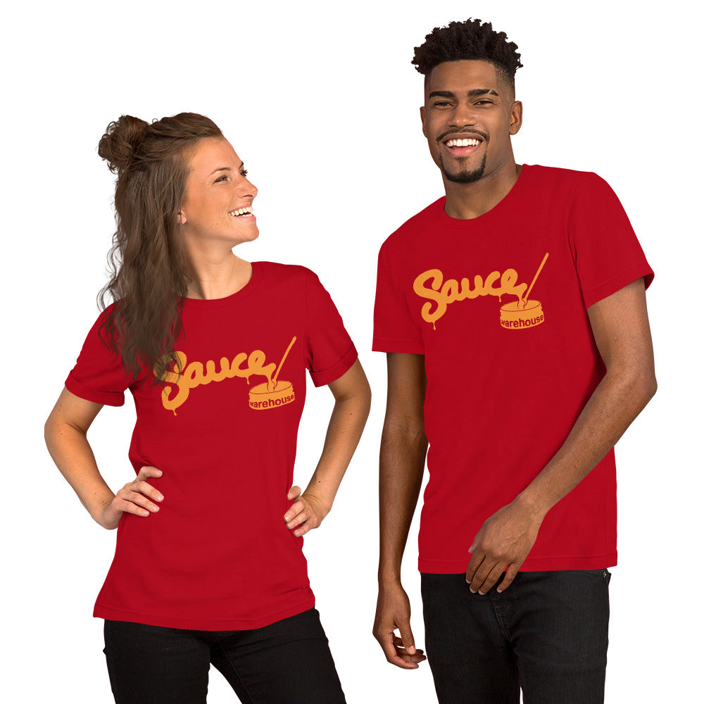 Red Sauce Warehouse unisex T-shirt. Featuring a Sauce Warehouse logo on the front. Shop CBD concentrates, clothing, and dabbing accessories at Sauce Warehouse.