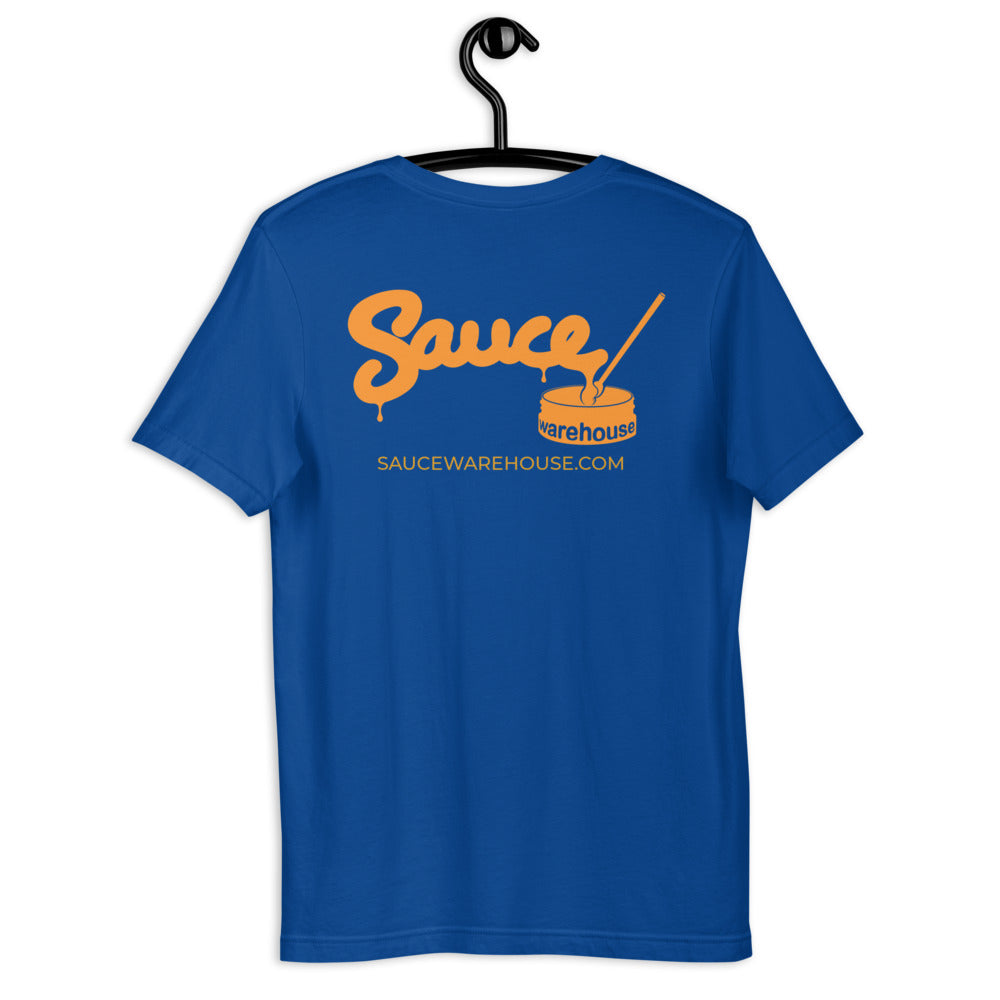 Royal Blue Sauce Warehouse V2 T-Shirt. The back of this shirt features the Sauce Warehouse logo and URL. Shop CBD concentrates, clothing, and dabbing accessories at Sauce Warehouse.