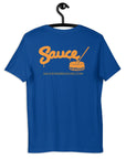 Royal Blue Sauce Warehouse V2 T-Shirt. The back of this shirt features the Sauce Warehouse logo and URL. Shop CBD concentrates, clothing, and dabbing accessories at Sauce Warehouse.