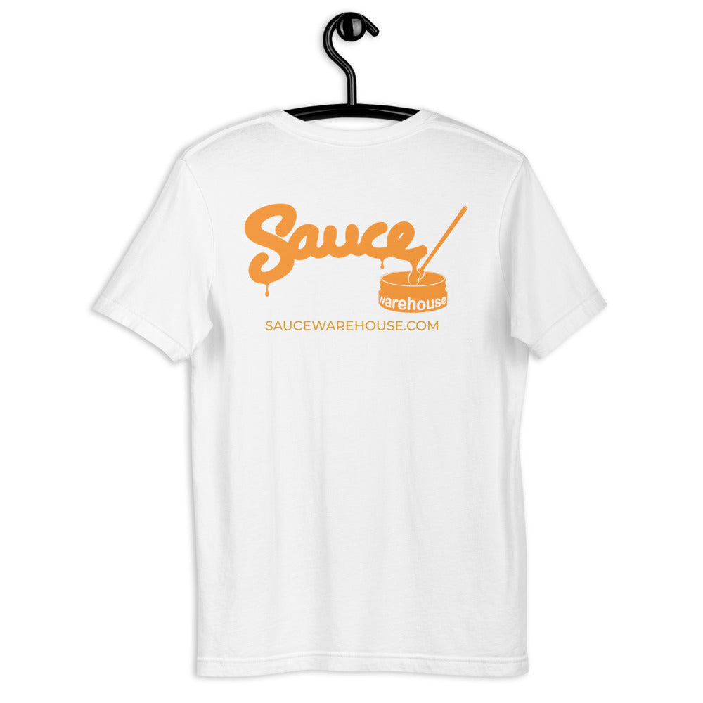 White Sauce Warehouse V2 T-Shirt. The back of this shirt features the Sauce Warehouse logo and URL. Shop CBD concentrates, clothing, and dabbing accessories at Sauce Warehouse.