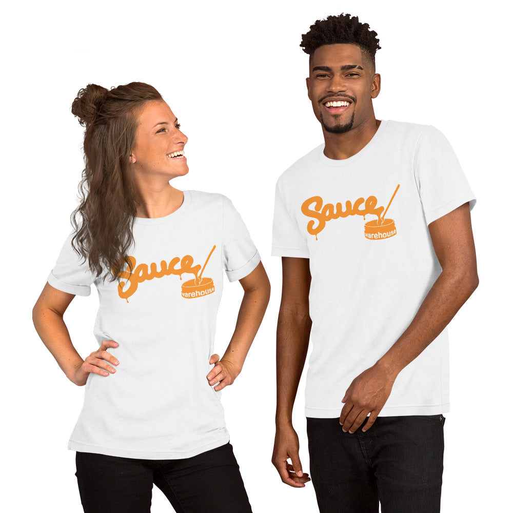 White Sauce Warehouse unisex T-shirt. Featuring a Sauce Warehouse logo on the front. Shop CBD concentrates, clothing, and dabbing accessories at Sauce Warehouse.